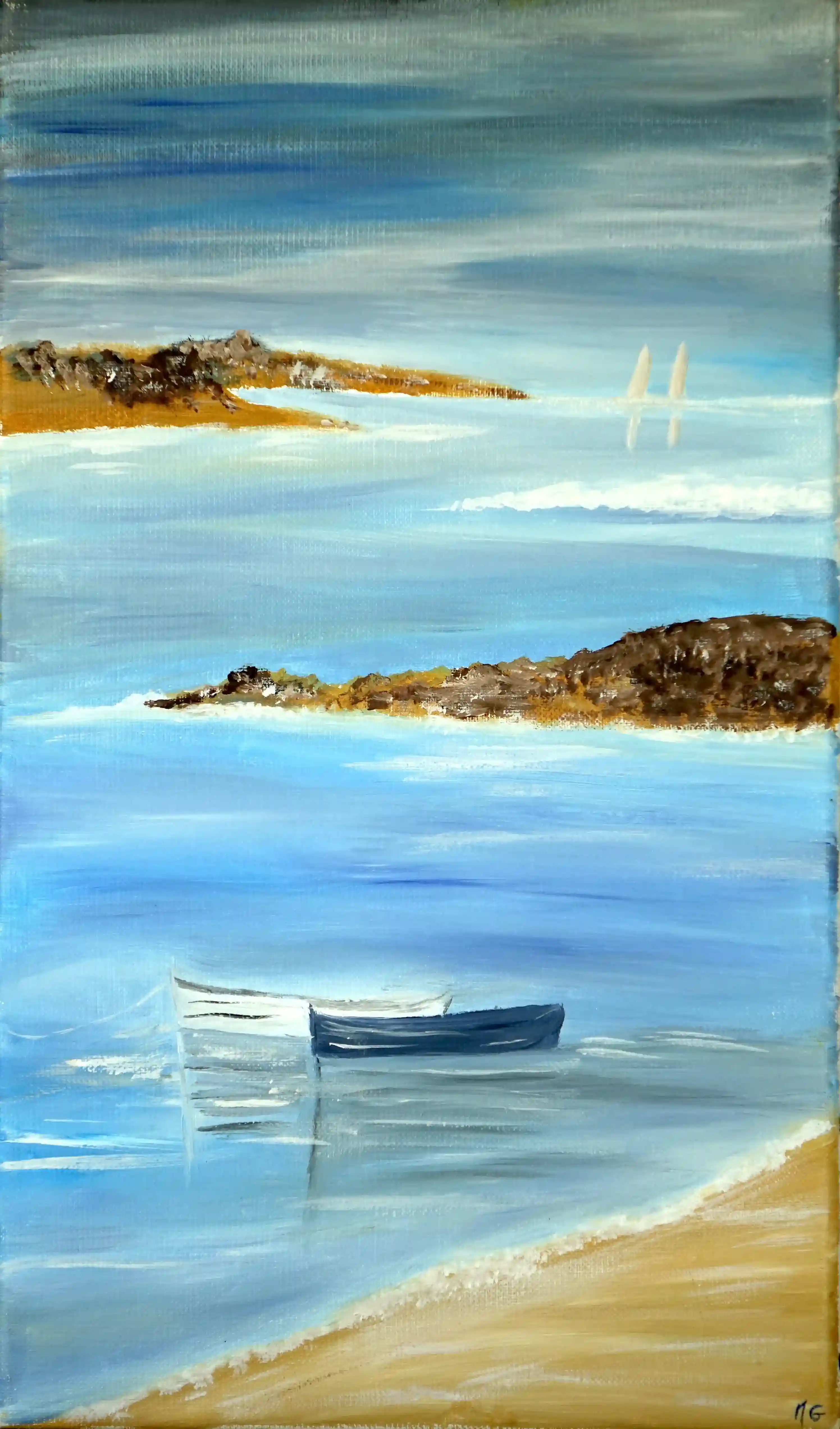Tableau Les deux barques, huile sur toile 24 x 41 cm invitant au voyage.