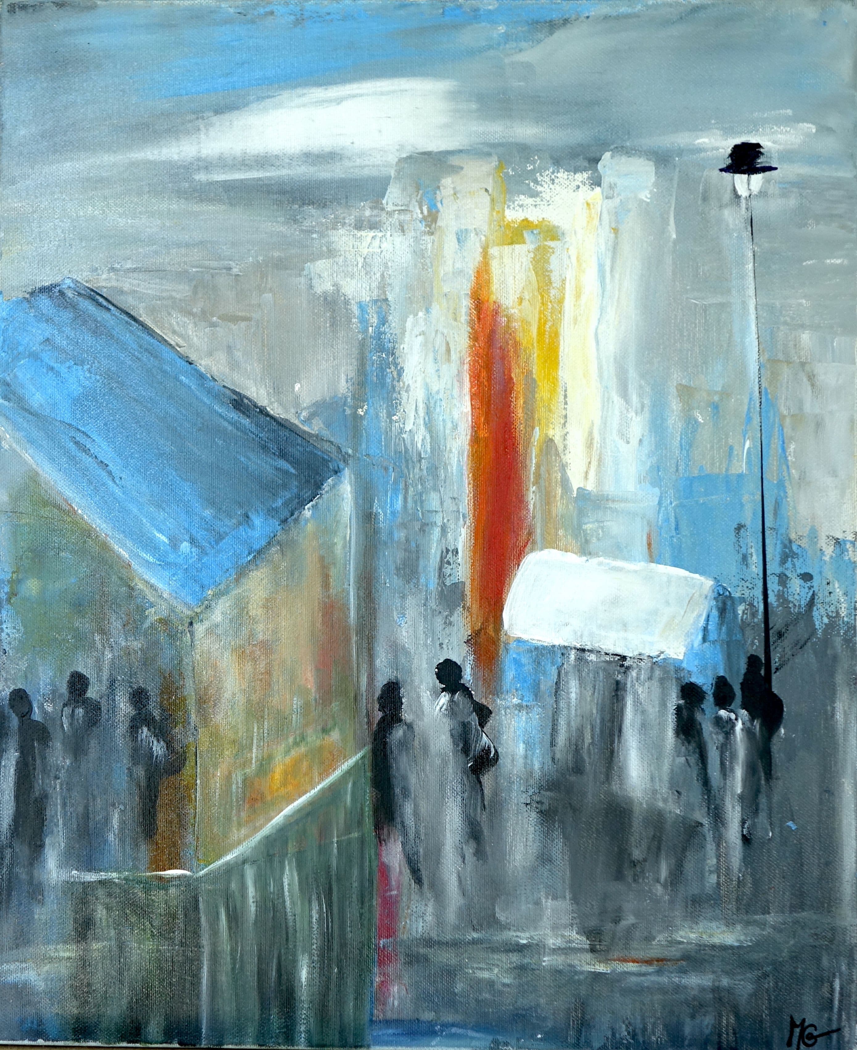 Peinture Le lampadaire, scène nocturne acrylique 38 x 46 cm illuminant les lieux de rencontre.