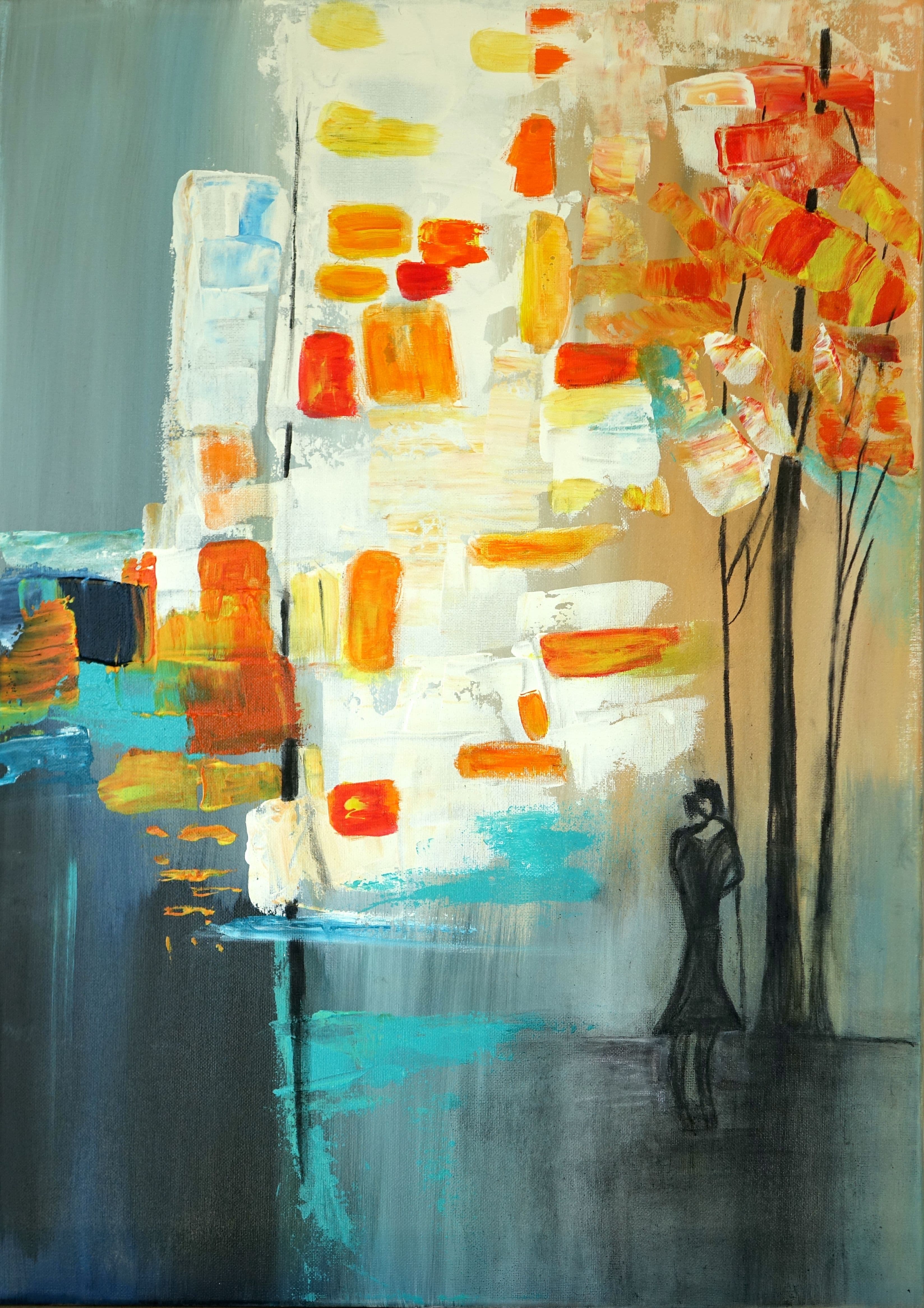 Tableau contemporain Espoir, acrylique 50 x 70 cm représentant une nature refuge.