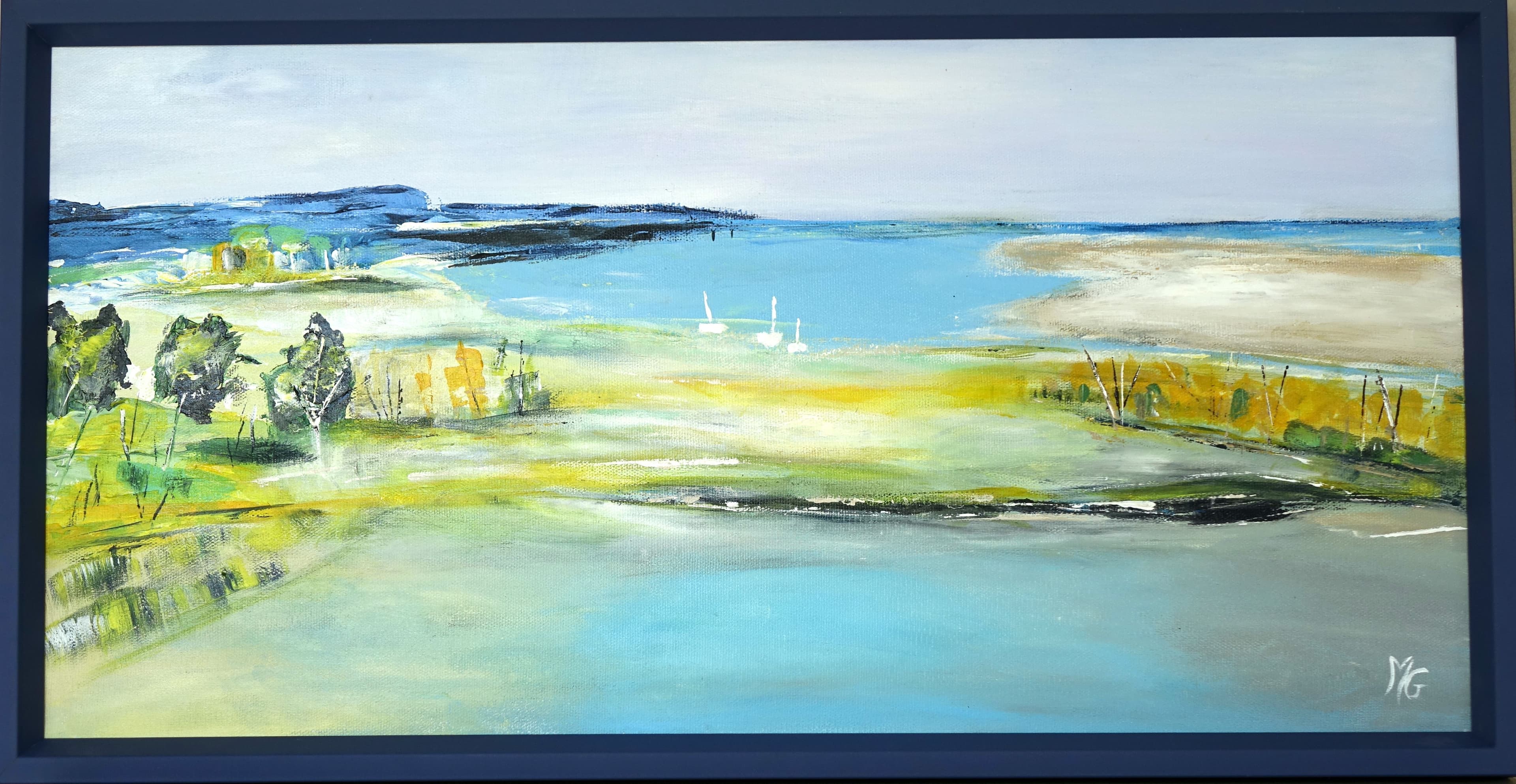 Tableau Harmonie marine encadré, acrylique 60 x 30 cm aux couleurs douces et apaisantes.