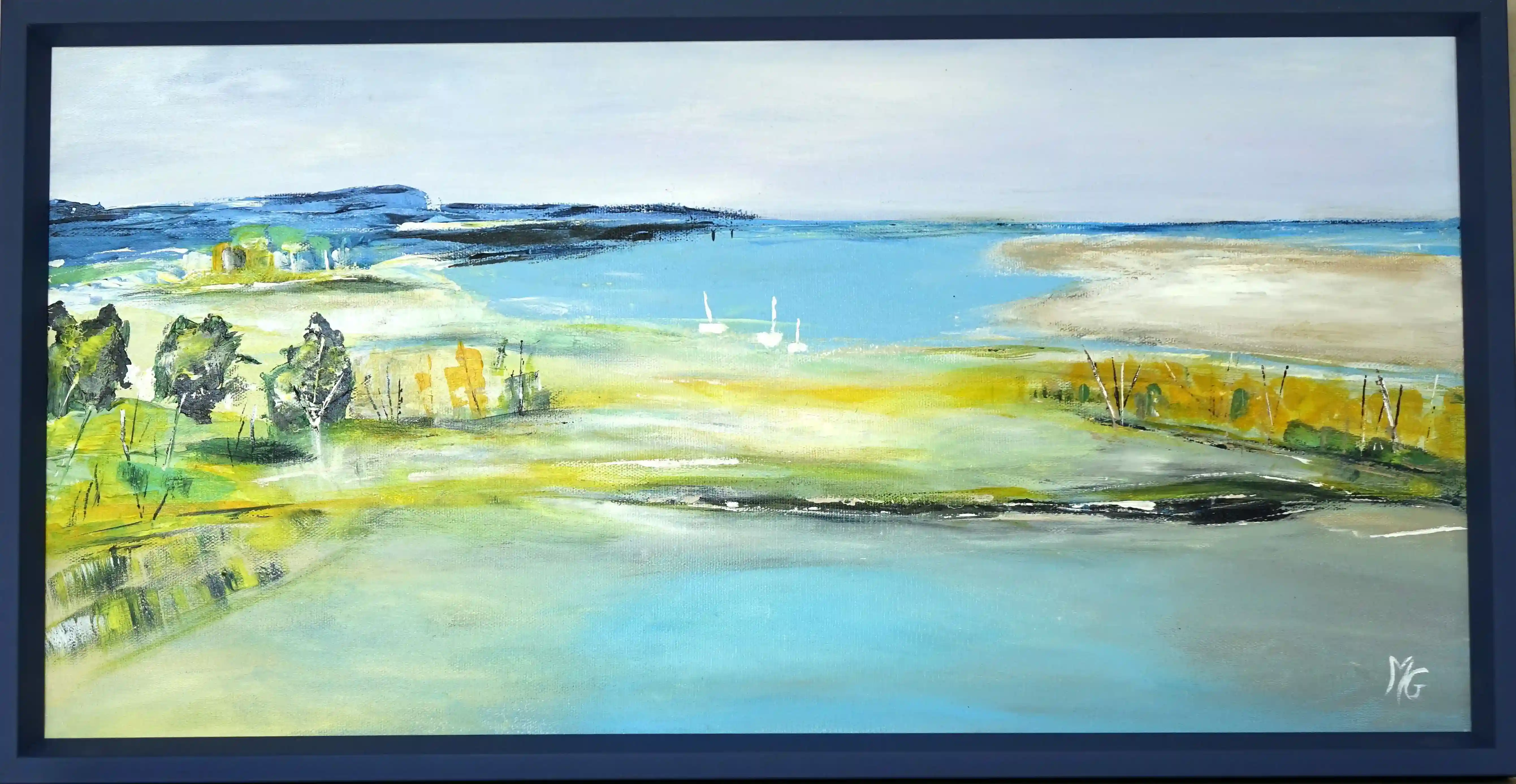 Tableau Harmonie marine encadré, acrylique 60 x 30 cm aux couleurs douces et apaisantes.