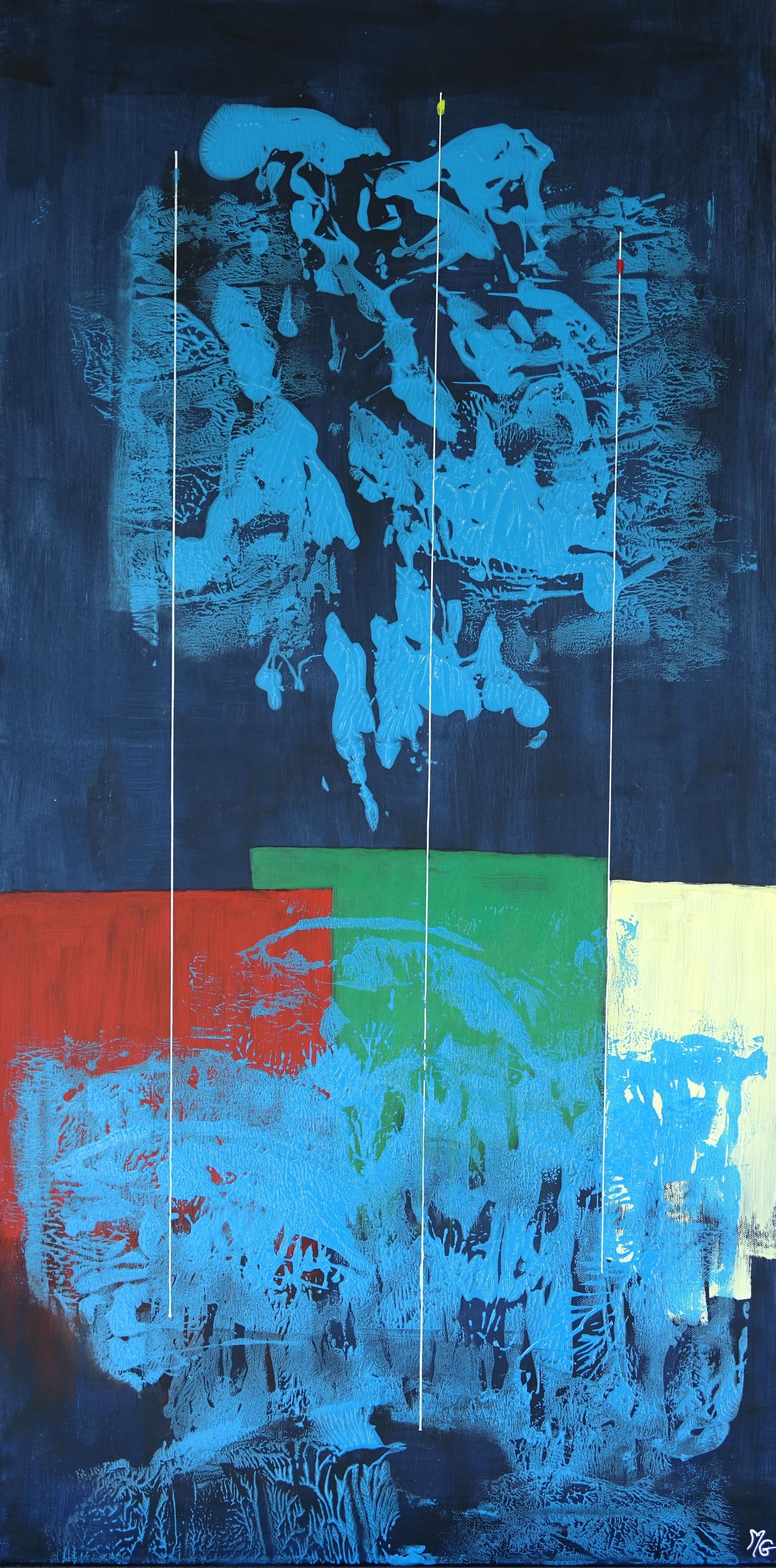 Tableau Planète bleue, acrylique 100 x 50 cm représentant un monde imaginaire.